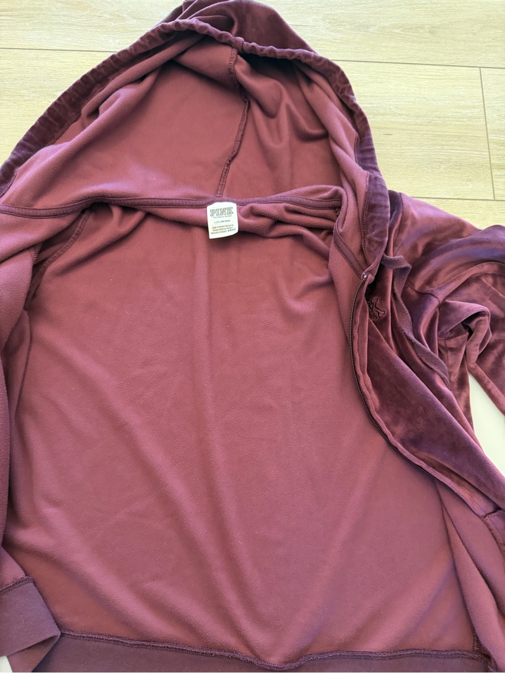 PINK Victoria’s Secret Burgundy Velour Full Zip Hoodie | Size L - Picture 4 of 5